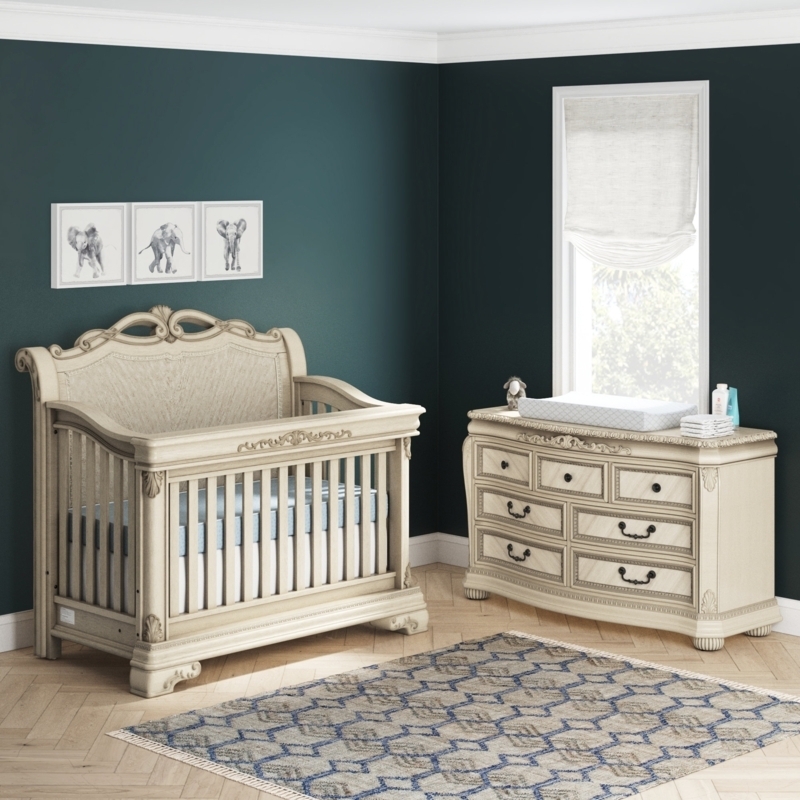 Ornate Solid Wood Crib Set in Antique White with Curved Headboard