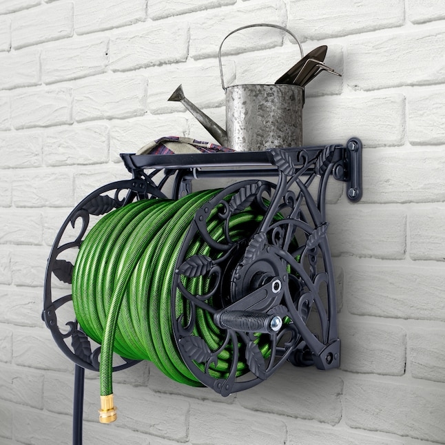 Ornate Wall Mount Hose Reel Matte Black Integrated Shelf Leaf Motifs