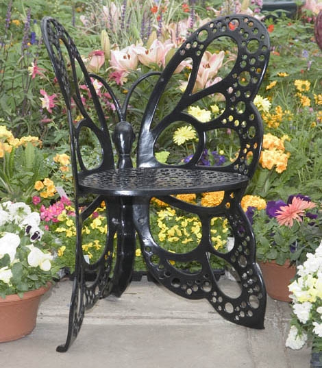 Ornate Wrought Iron Patio Chair with Black Openwork Butterfly Design