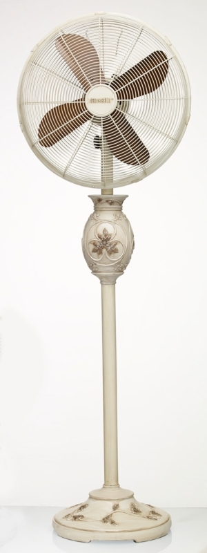 Oscillating Floor Fan, Urn Shaped Stem, Leaf Motif Relief, Antique White