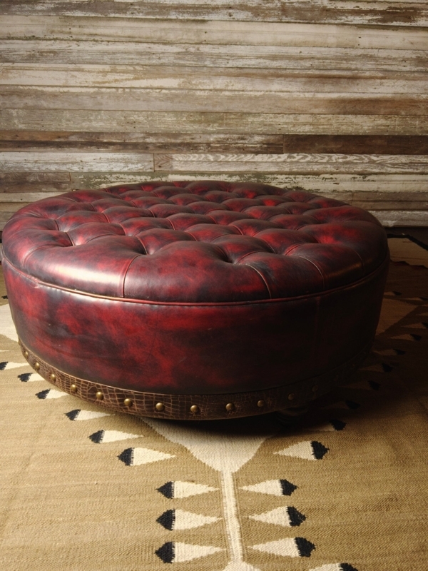 Ottoman: 48 Inch Round, Oxblood Red, Alligator Embossed Base, Western.