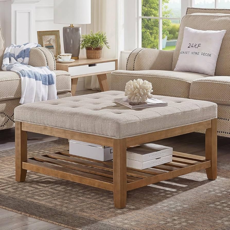 Ottoman Coffee Table: Linen Upholstered, Slatted Shelf, Warm Beige