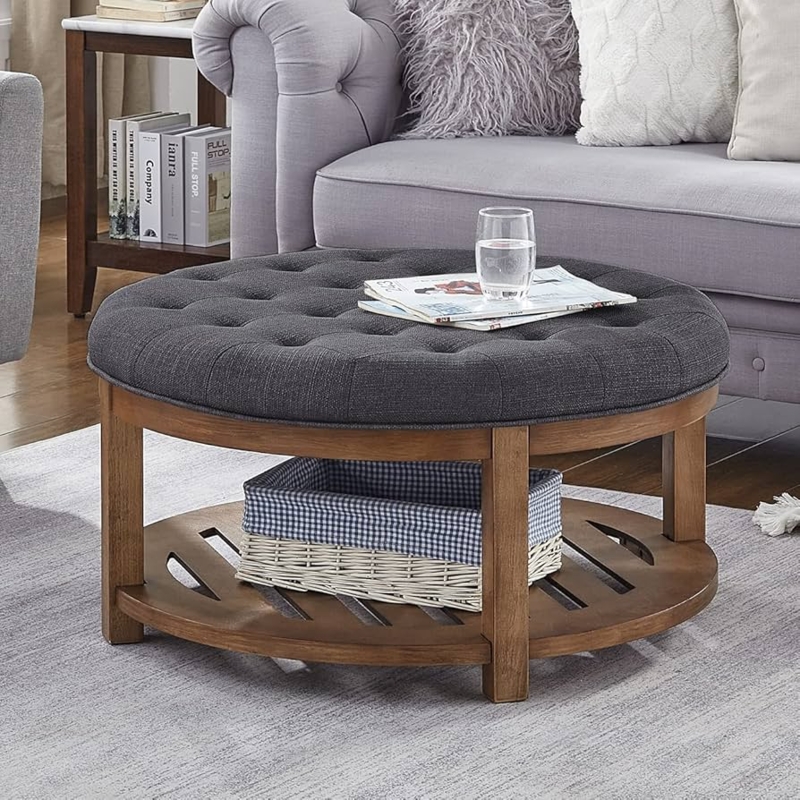 Ottoman Coffee Table Round Charcoal Tufted Slotted Storage Shelf