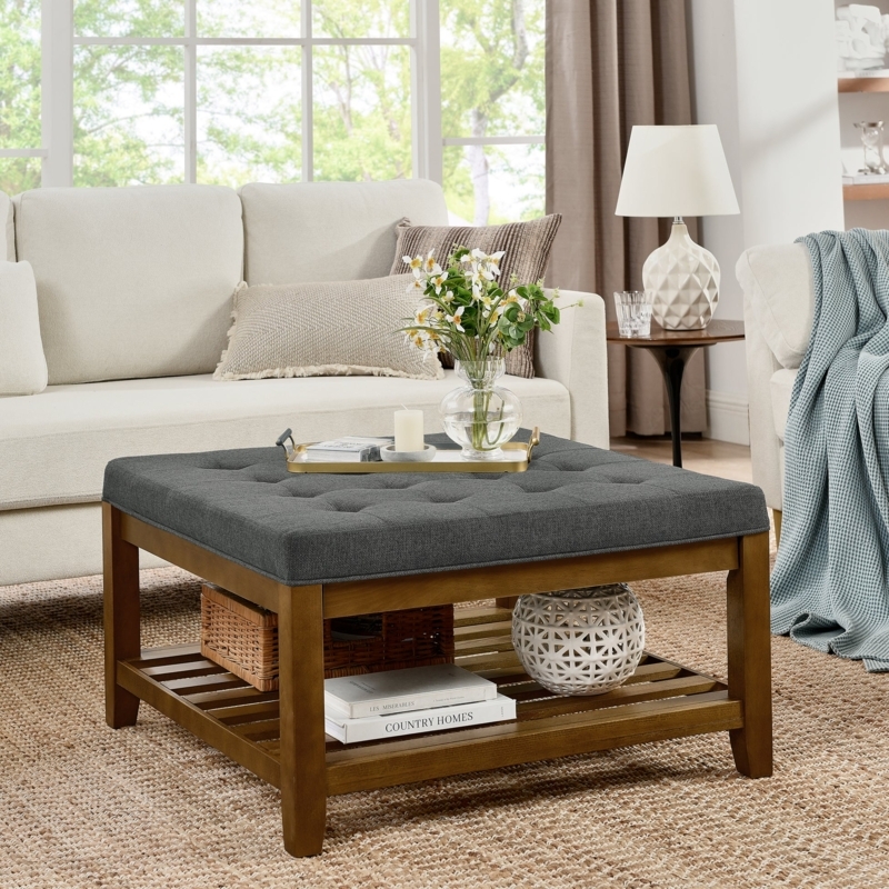 Ottoman Coffee Table: Tufted Charcoal Ottoman Coffee Table, Slatted Base