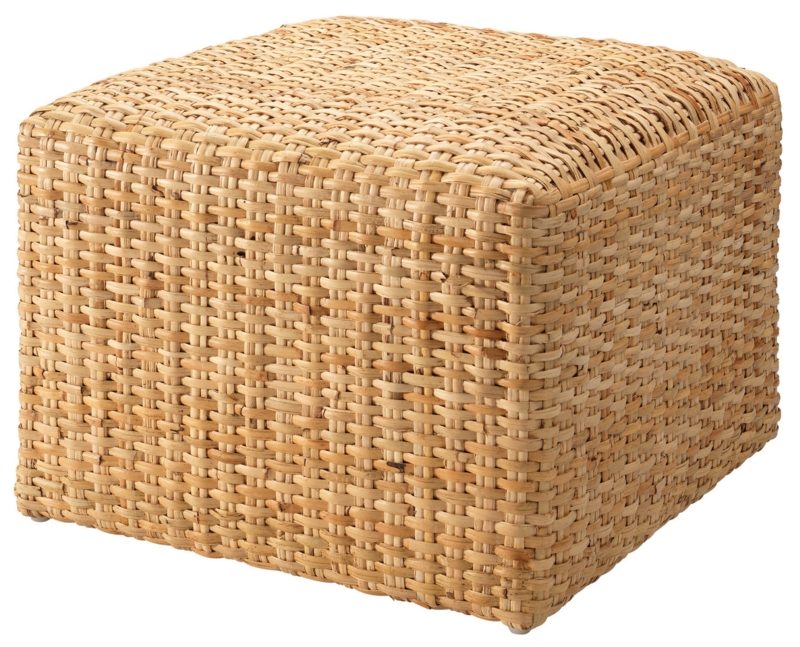 Ottoman in Cube Shape, Woven Rattan Basketweave Pattern, Coastal Modern