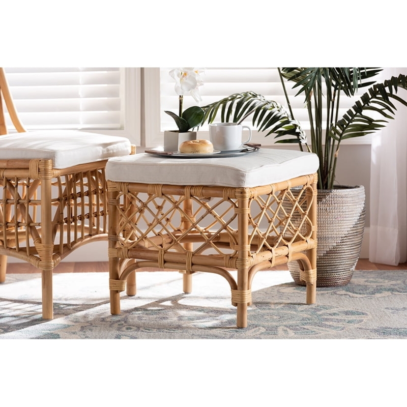 Ottoman with Lattice Rattan Frame, White Upholstered Cushion Footstool