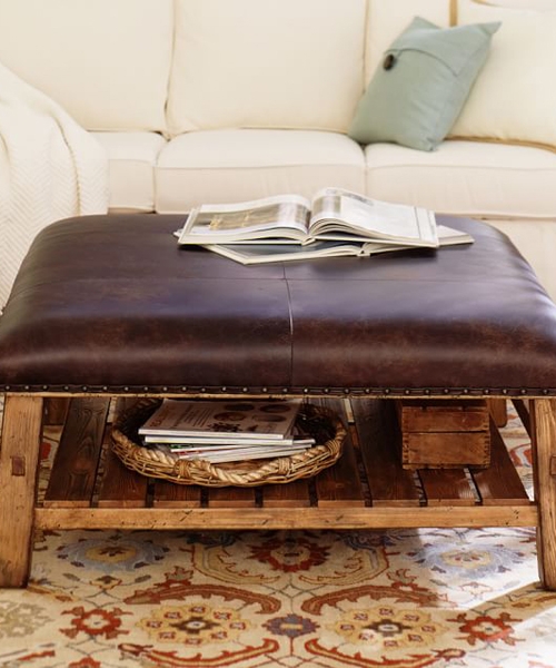 Ottoman with Slatted Shelf and Quadrant Stitching