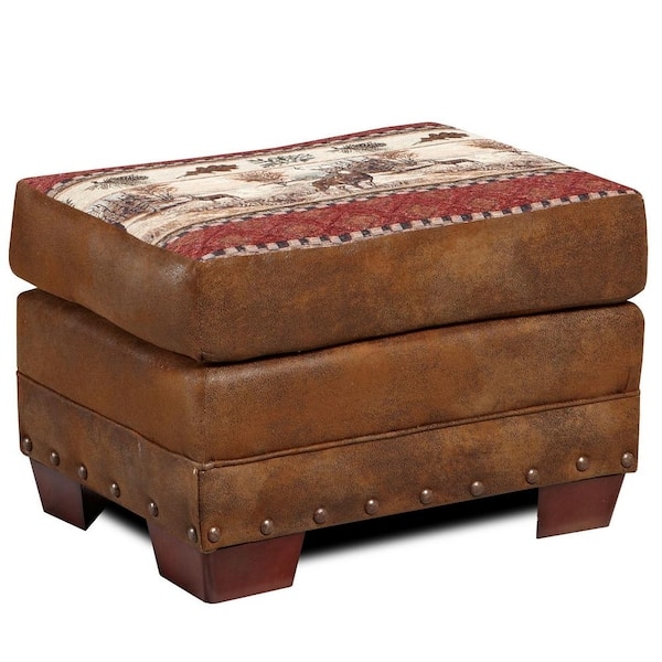 Ottoman with Wildlife Tapestry and Rustic Brown Base