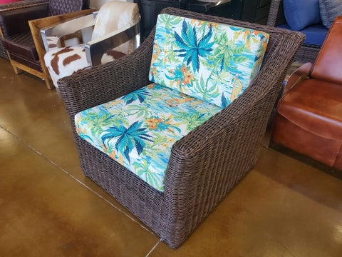 Outdoor Armchair: Full Round Weave, Botanical Print, Deep Seating