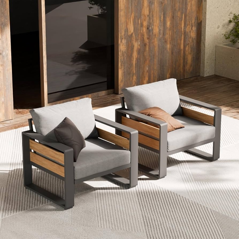 Outdoor Armchair Pair with Wood Slat Arms and Sled Base in Charcoal Metal