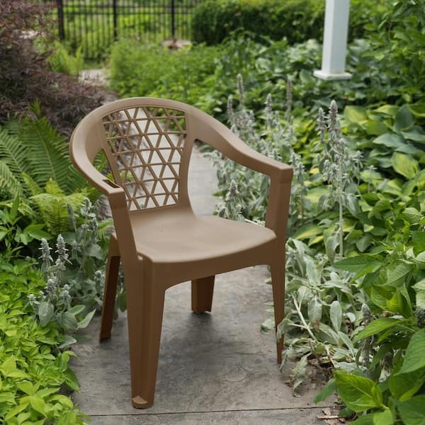 Outdoor Armchair Warm Tan Resin Matte Geometric Lattice Back Stackable
