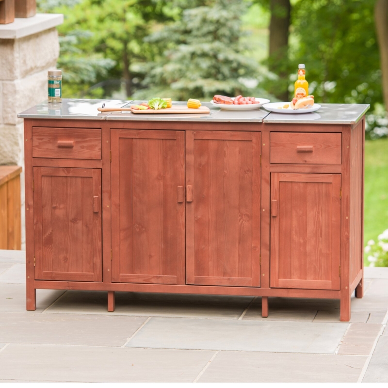 Outdoor Bar Cabinet Cedar Red Stain Metal Countertop Four Door