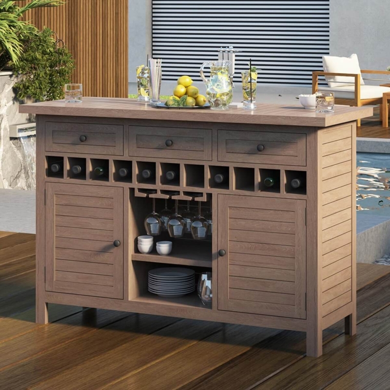 Outdoor Bar Cabinet Teak Slatted Front Three Drawer Layout