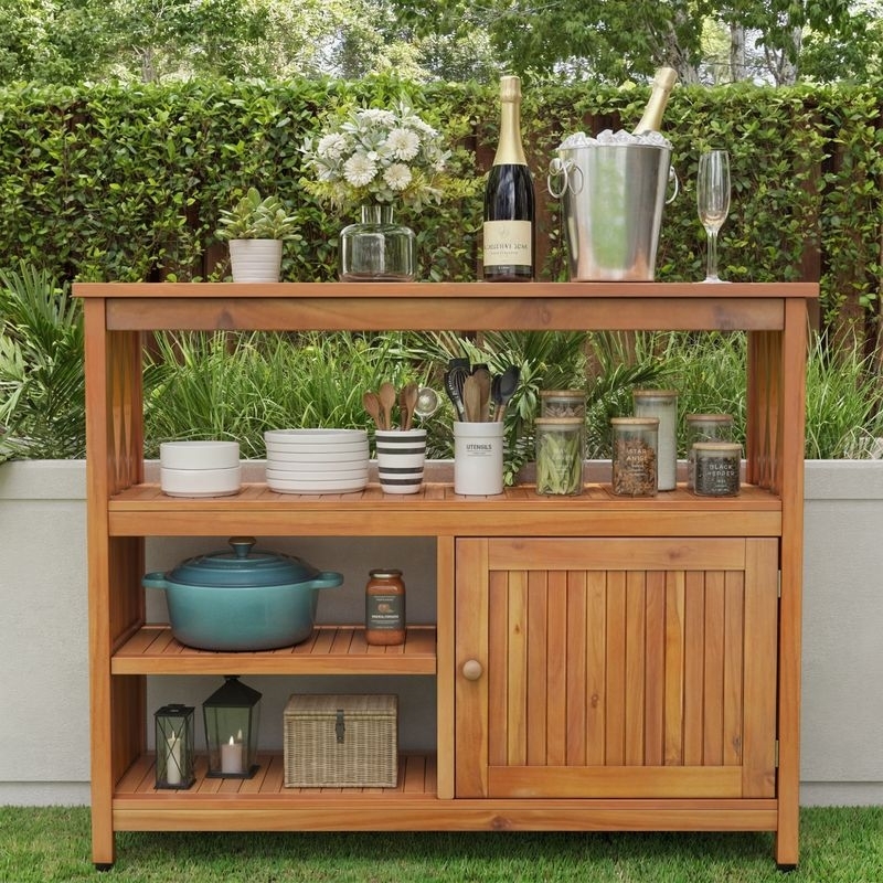 Outdoor Bar Cabinet Warm Honey Wood Slatted Door Flat Top Counter