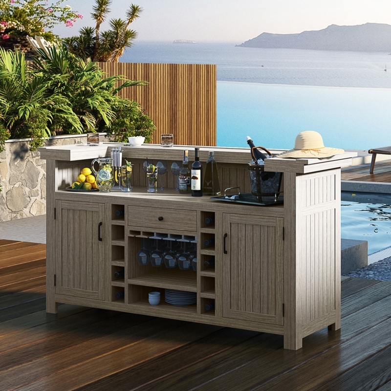 Outdoor Bar Cabinet Weathered Wood Wine Cubbies Tiered Counter
