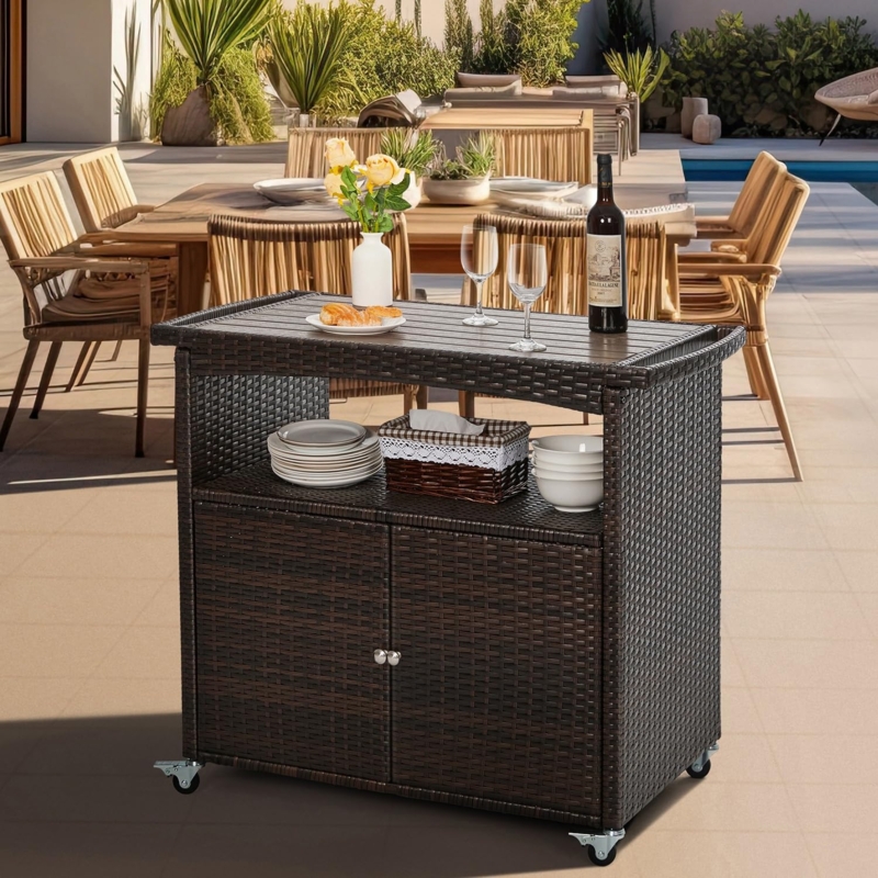 Outdoor Bar Cart Espresso Wicker Slatted Top Side Handles