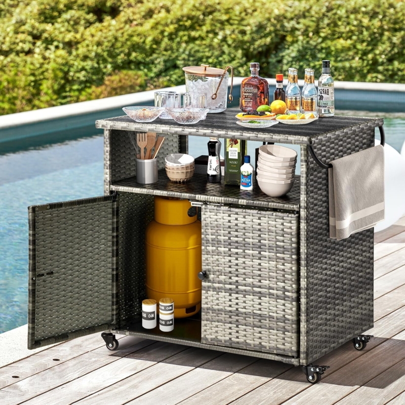 Outdoor Bar Cart Grey Wicker Propane Storage Mobile Base Towel Rack