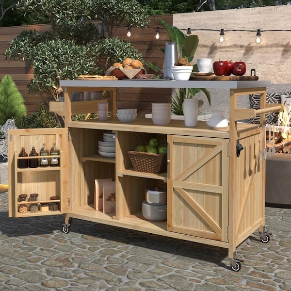 Outdoor Bar Cart Natural Wood Stainless Steel Top Spice Rack Door