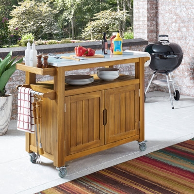 Outdoor Bar Cart Warm Oak Slatted Doors Integrated Condiment Tray