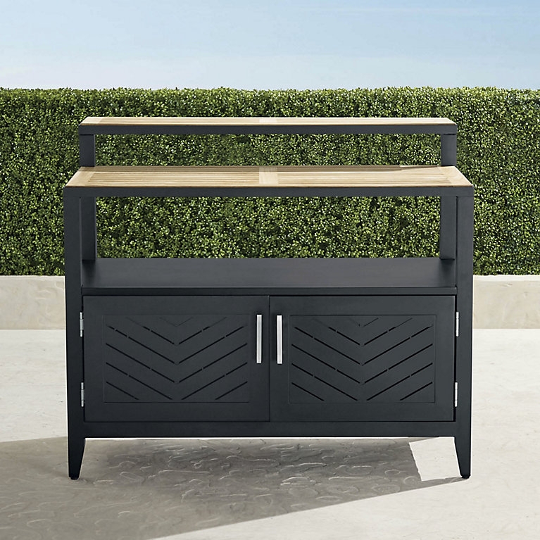 Outdoor Bar Matte Black Aluminum Chevron Cabinet Teak Slat Top