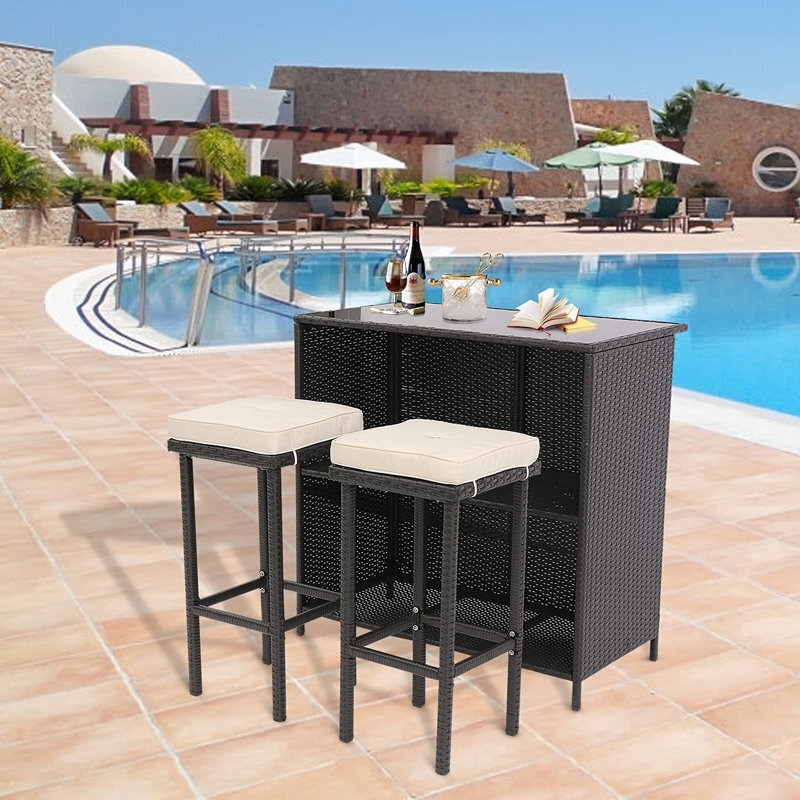 Outdoor Bar Set: Dark Rattan Weave with Integrated Storage Shelves.