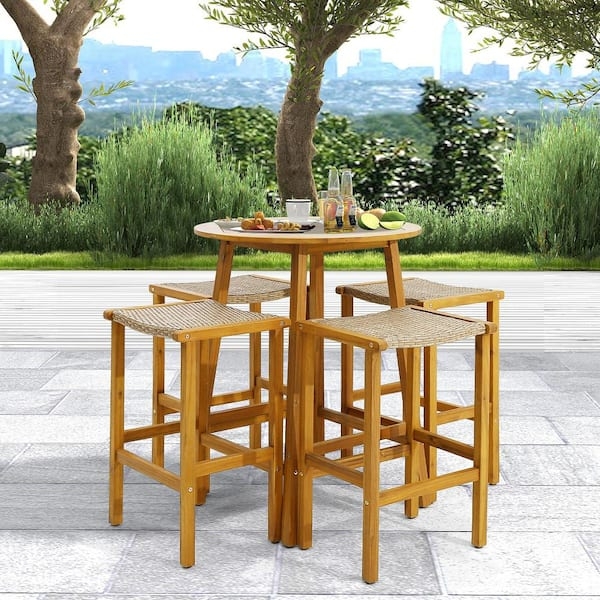 Outdoor Bar Set with Backless Woven Fiber Seat Stools