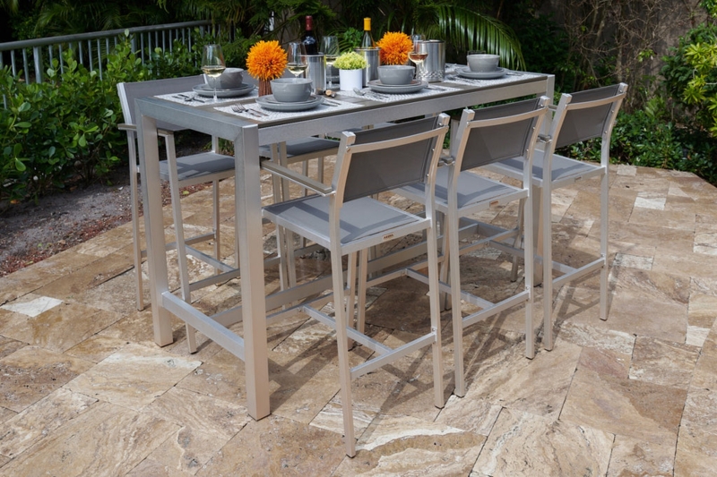 Outdoor Bar Set with Brushed Aluminum Frame, Mesh Sling Stools, 7-Piece