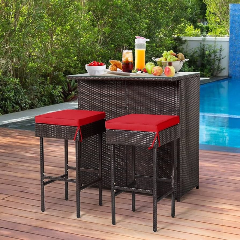 Outdoor Bar Set with Cherry Red Cushions, Wicker Poolside 3-Piece Design