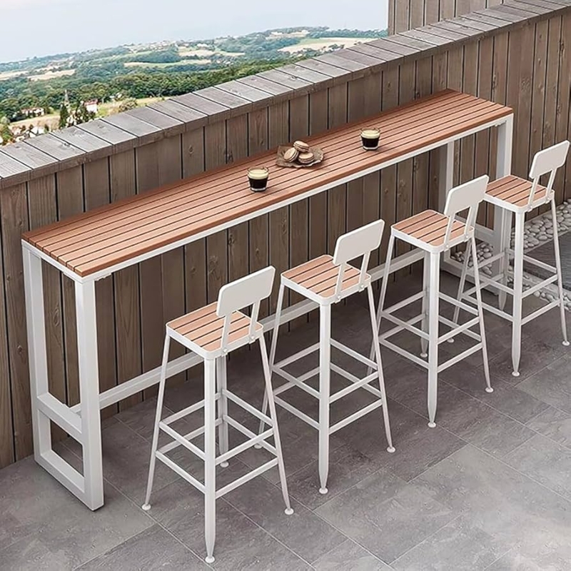 Outdoor Bar Set with Narrow Balcony Profile, White Metal and Slatted Wood