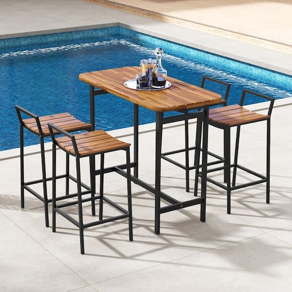 Outdoor Bar Set with Slatted Wood and Matte Black Frame, Poolside 5-Piece