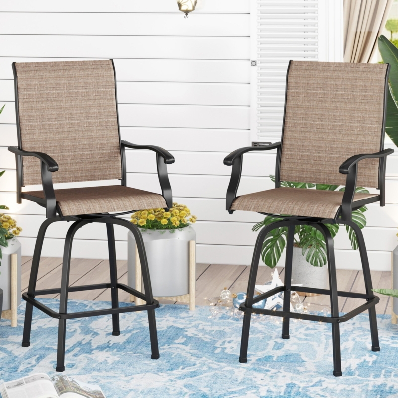 Outdoor Bar Stools Swivel Brown Textilene Splayed Legs