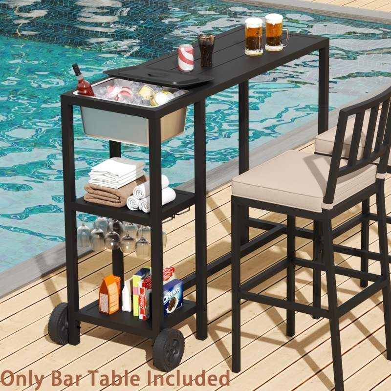 Outdoor Bar Table with Ice Bucket, Rolling Wheels and Stemware Storage