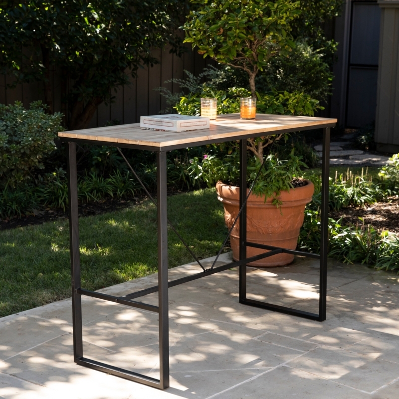 Outdoor Bar Table with X-Brace Tensioners, Sled Base and Wood Slats