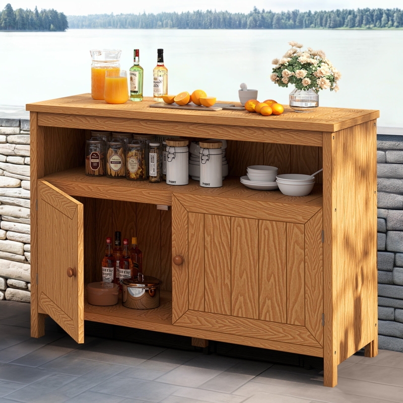 Outdoor Bar Table Wood Toned Two Doors Open Shelving Rustic