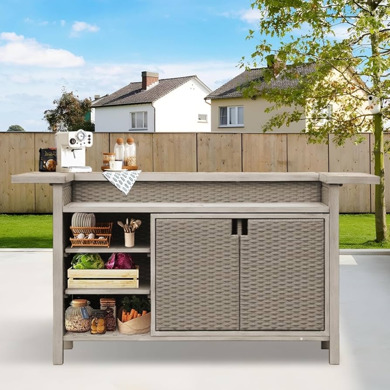 Outdoor Bar Unit Weathered Grey Woven Panels Dual Tier Surface