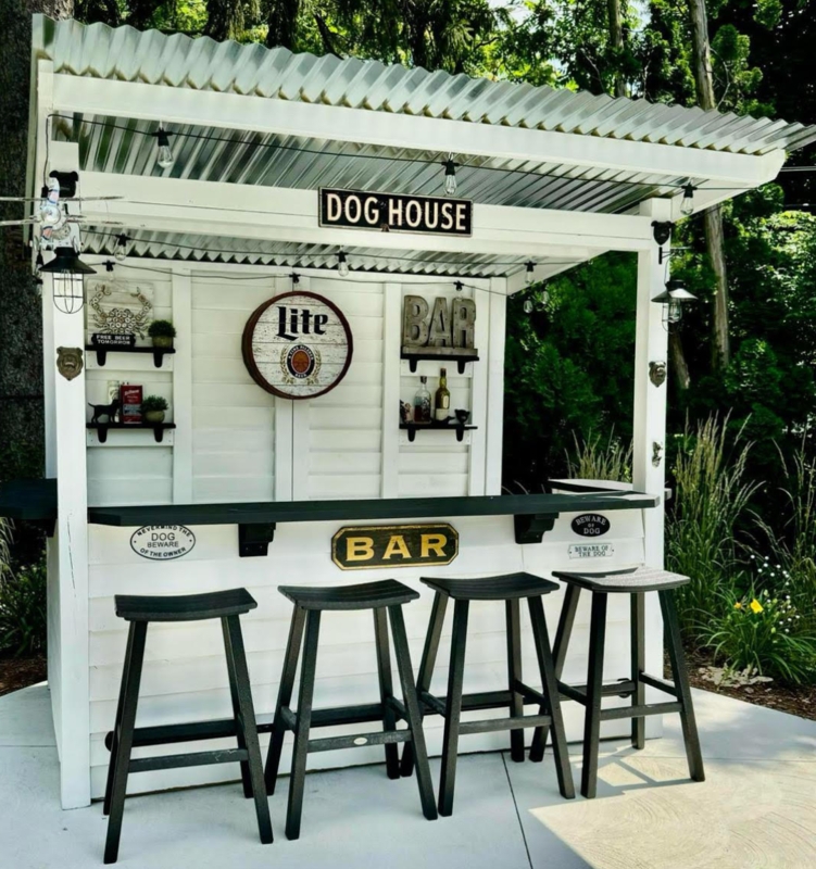 Outdoor Bar with Dog House Theme and Backless Saddle Stools