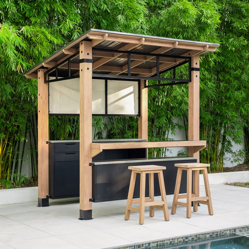 Outdoor Bar with Slanted Roof and Matte Black Cabinetry