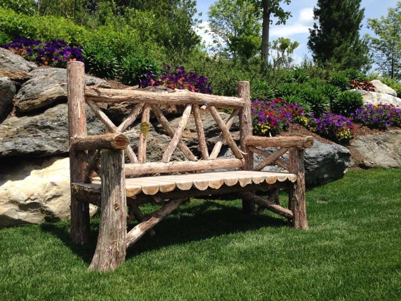 Outdoor Bench: Bark-On Timber, Cross Back, Artisan Craft.