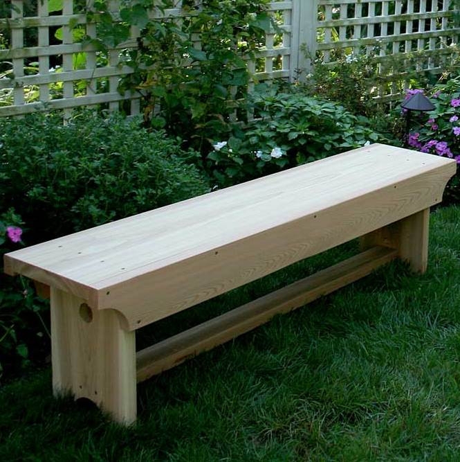 Outdoor Bench: Circular Cutouts, Heavy Duty Cedar Plank Seat.