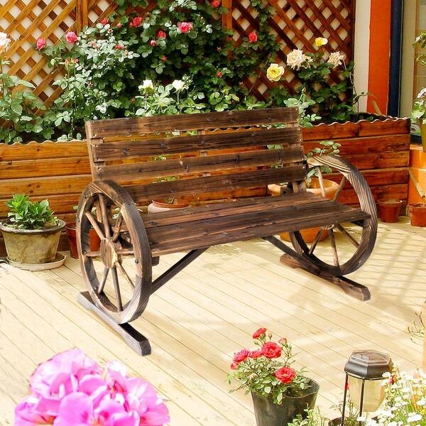 Outdoor Bench featuring Wagon Wheel Sides and Slatted Seat