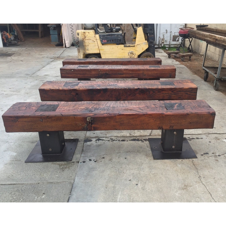 Outdoor Bench: Industrial Metal Base, Wide Reclaimed Beam.