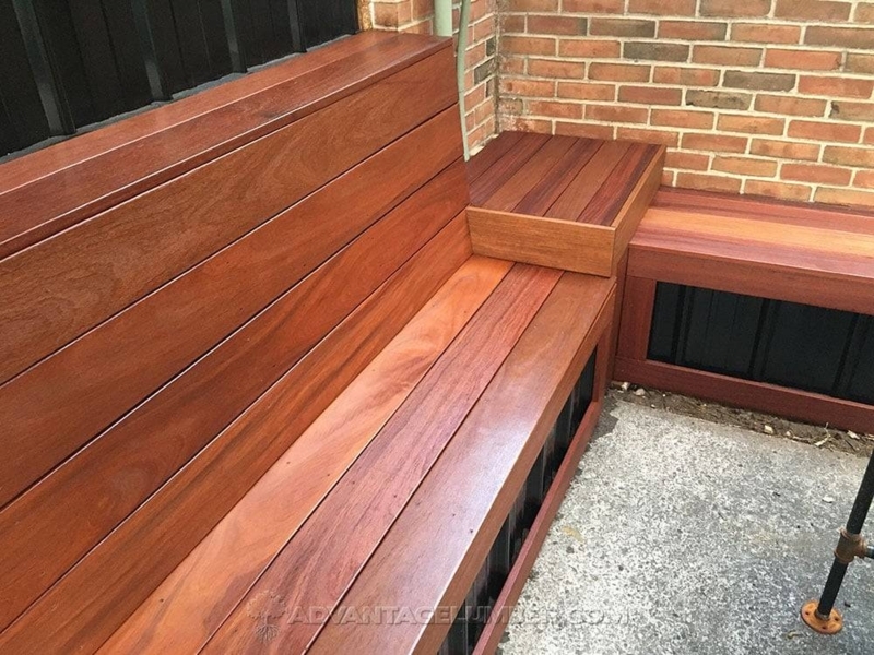Outdoor Bench: L-Shaped Built-In, Integrated Side Table, Slats.