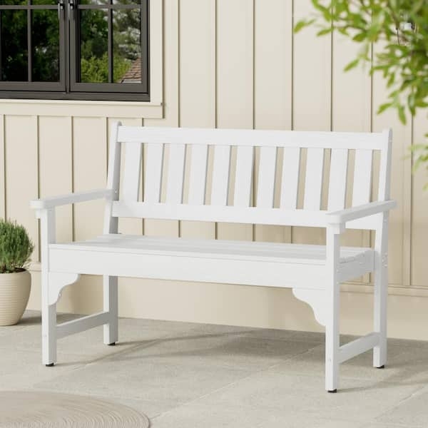 Outdoor Bench with Decorative Brackets, White HDPE Plastic
