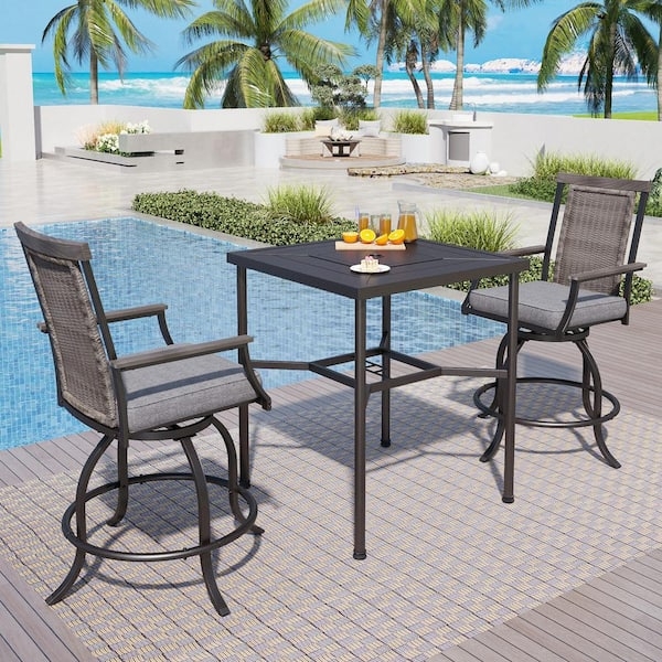 Outdoor Bistro Set Wicker Backrests Swivel Chairs Dark Bronze Grey