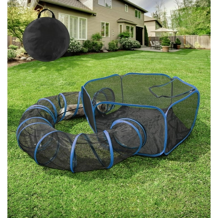 Outdoor Cat Enclosure, Blue Piping, Collapsible Tunnel, Mesh