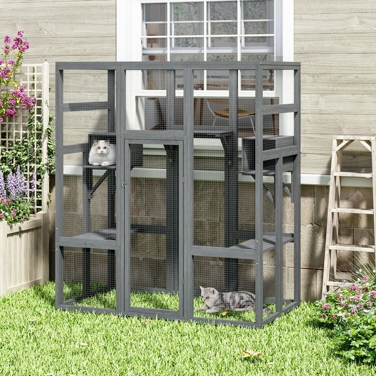 Outdoor Catio Charcoal Gray Finish Integrated Cat Houses