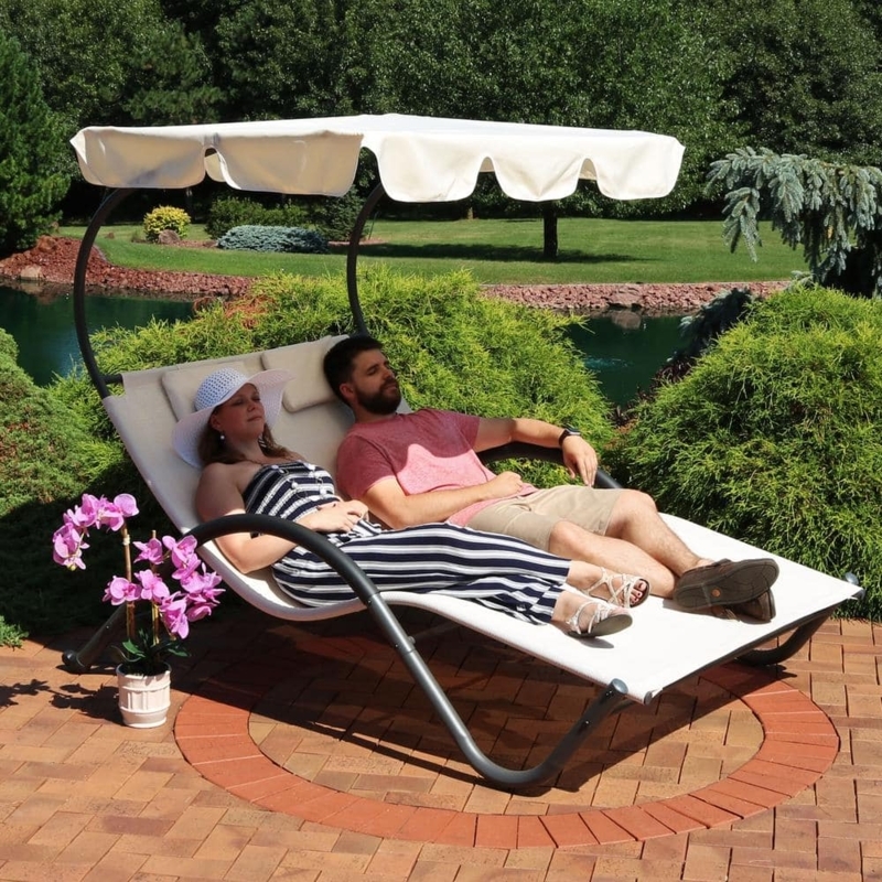 Outdoor Chaise Lounge, Scalloped Canopy Shade, Double Seating, Patio Bed
