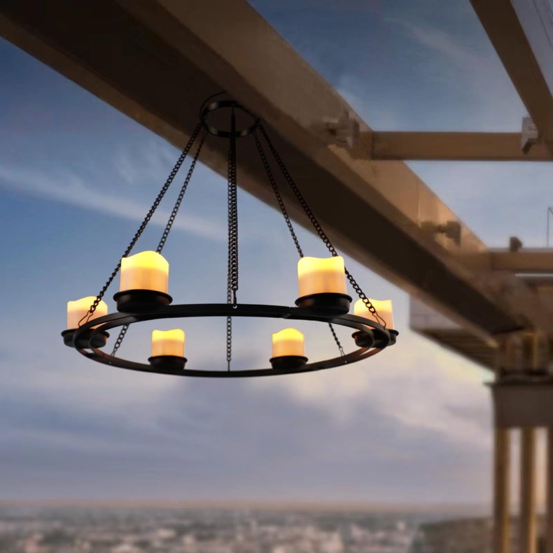 Outdoor Chandelier Solar Powered Matte Black Seven Votive Lights