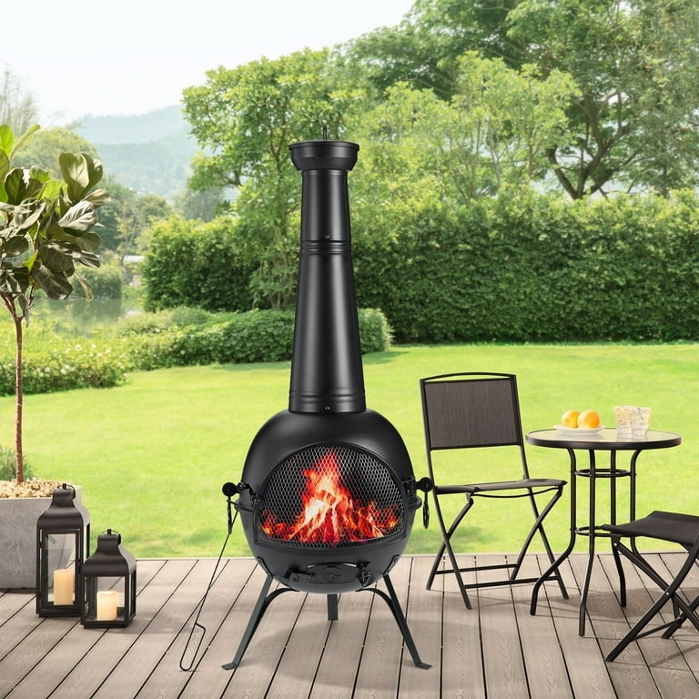 Outdoor Chiminea Cast Iron Tall Tapered Flue Mesh Screen Matte Black