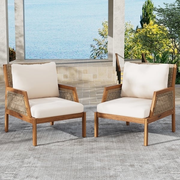 Outdoor Club Chair Wicker Side Panels Boxy Wood Frame Coastal Patio